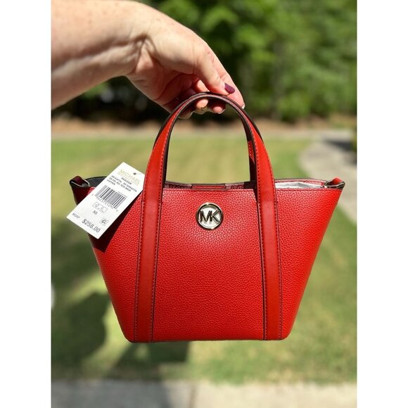 Michael Kors Bright Terracotta Hadleigh Small Double Handle Tote Messenger Bag - Picture 2 of 15